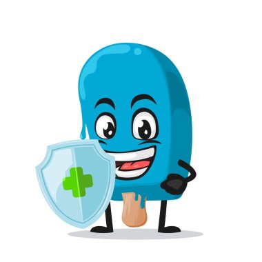 Vektör illüstrasyon mavi dondurma çubuk maskot ya da karakter koruma için kalkan tutun