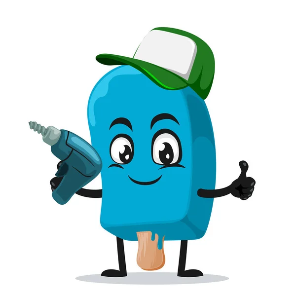 Vector Illustration Blue Ice Cream Stick Mascot Character Holding Hand — Stock Vector