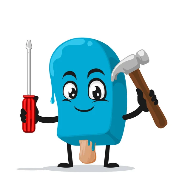 Ilustração Vetorial Sorvete Azul Mascote Personagem Segurando Martelo Chave Fenda —  Vetores de Stock