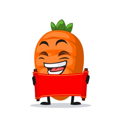 Boş kırmızı parşömen tutan havuç karakteri veya maskotun vektör çizimi