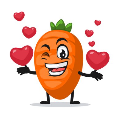Havuç karakteri ya da maskotun vektör çizimi aşk sembolleri getiriyor