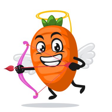 Aşk tanrısı kostümü giyen ve elinde yay tutan havuç karakteri ya da maskotun vektör çizimi