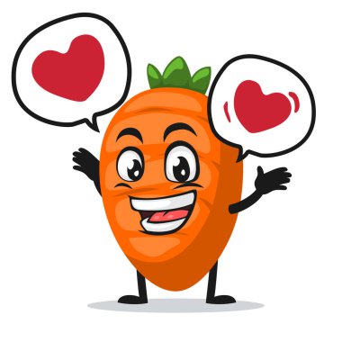 Havuç karakterinin veya maskotun vektör çizimi baloncuk konuşmasında aşkla der ki: