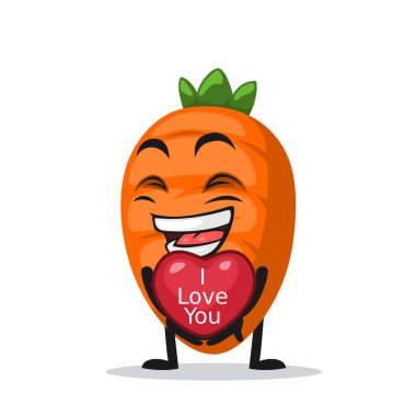 Havuç karakteri veya maskotun vektör çizimi aşk sembolü ver ve seni seviyorum de.
