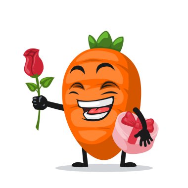 Havuç karakteri ya da maskotun vektör çizimi Çiçek ver ve pembe hediyeyi tut