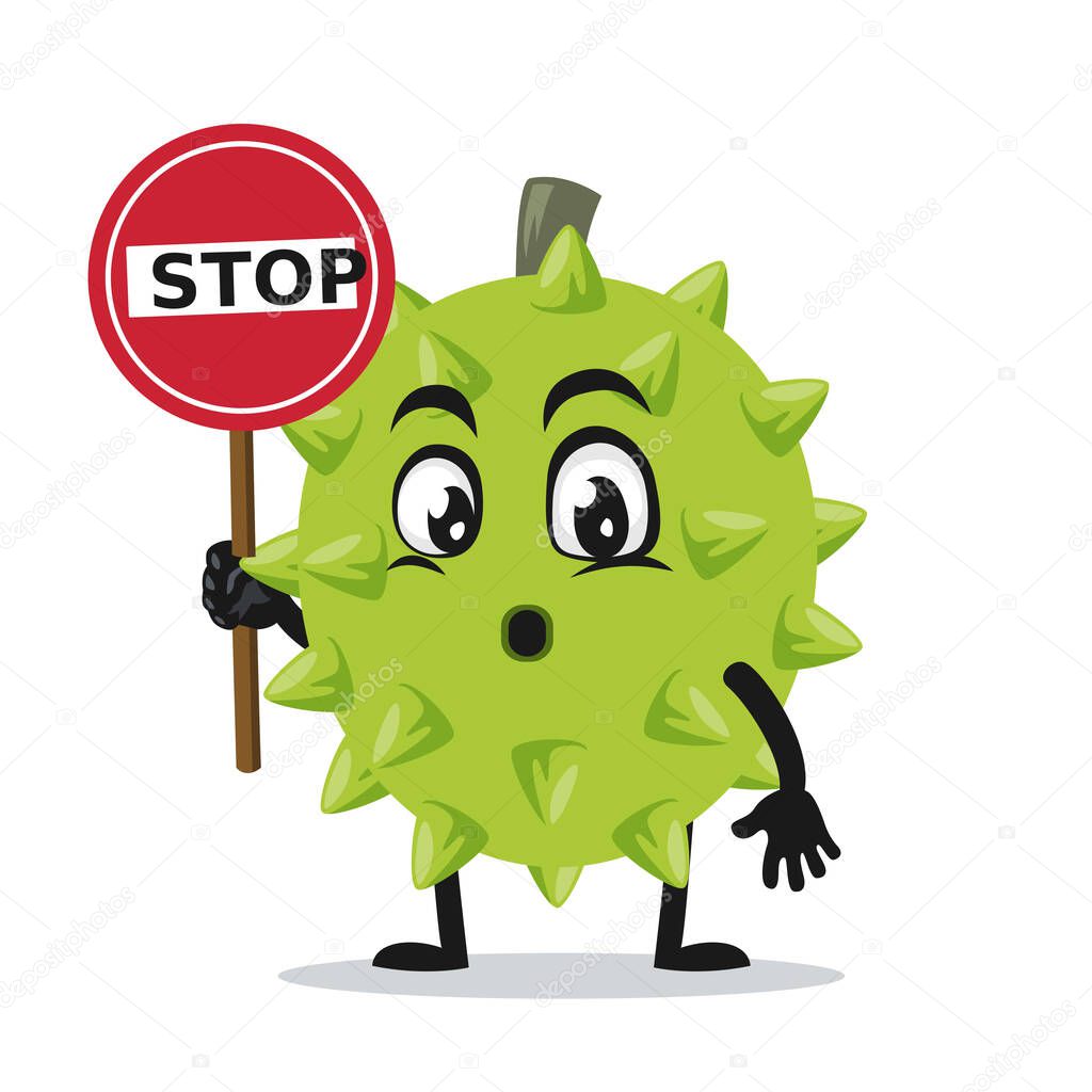 vector illustration of durian mascot or character holding sign says stop