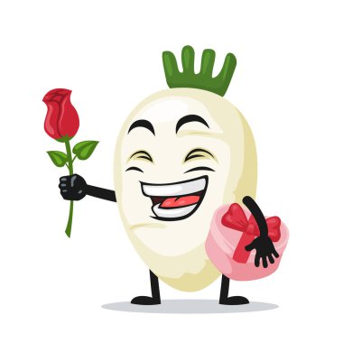 Turp maskotu veya karakterinin vektör çizimi Çiçek ver ve pembe hediyeyi tut