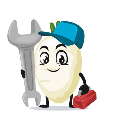 Servis kostümü giyen ve İngiliz anahtarı tutan turp maskotu veya karakterinin vektör çizimi