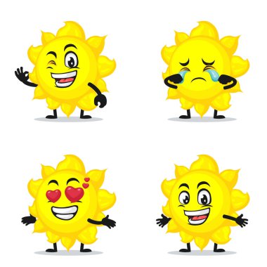 Güneş maskotu veya ifade temalı karakter koleksiyonunun vektör illüstrasyonu