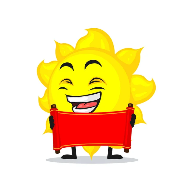 Vector Illustration Sun Mascot Character Holding Blank Red Scroll — Stock Vector
