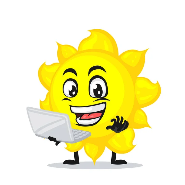 Vector Illustration Sun Mascot Character Presentation Laptop — Stock Vector