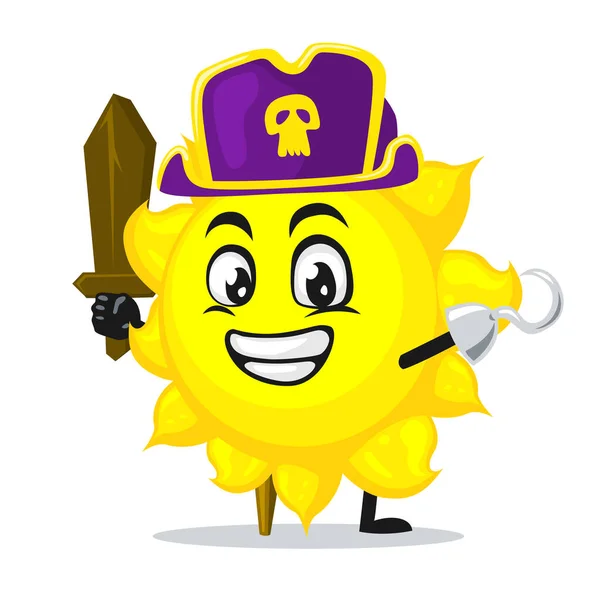 Vector Illustration Sun Mascot Character Wearing Pirates Costume Holding Wooden — Stock Vector