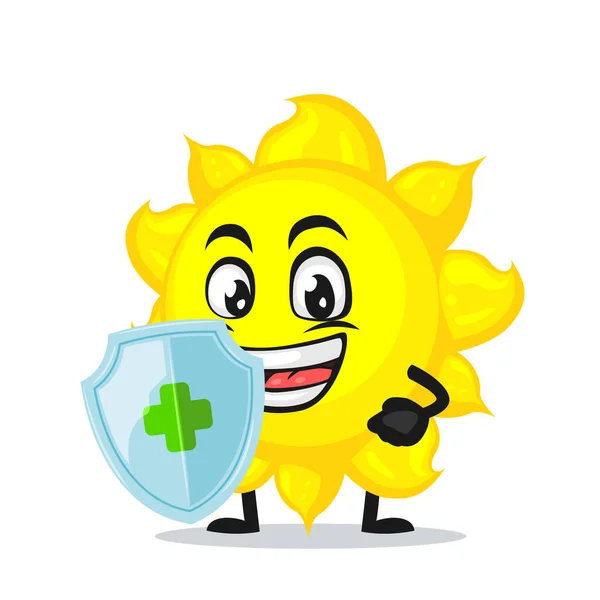 Vector Illustration Sun Mascot Character Holding Shield Protection — Stock Vector