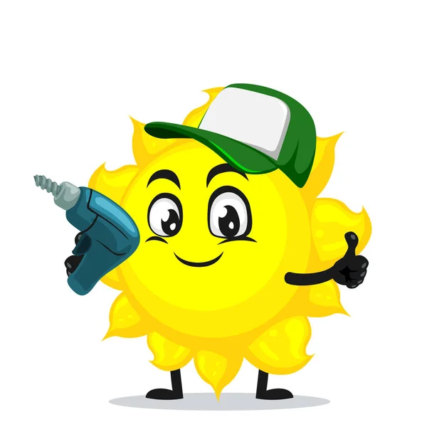 Vector Illustration Sun Mascot Character Holding Hand Drill — Stock Vector