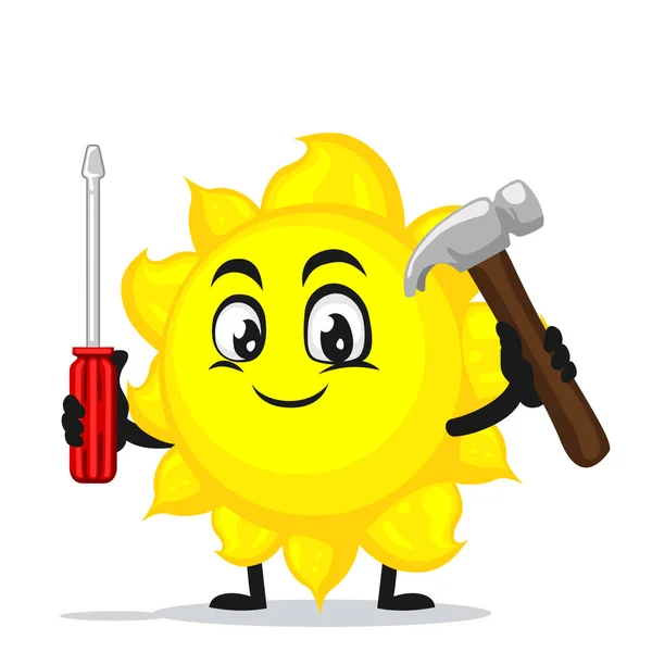 Vector Illustration Sun Mascot Character Holding Hammer Screwdriver — Stock Vector