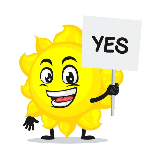 Vector Illustration Sun Mascot Character Holding Sign Says Yes — Stock Vector