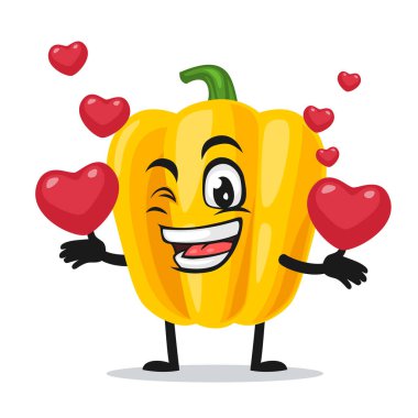 Paprika maskotu veya karakterinin vektör çizimi aşk sembolleri getiriyor
