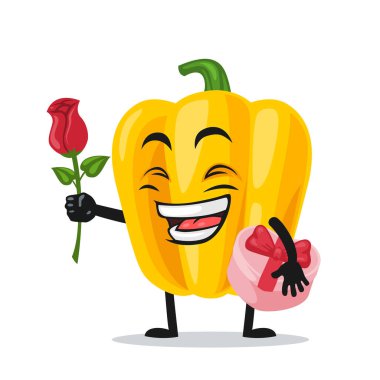 Paprika maskotu veya karakterinin vektör çizimi Çiçek ver ve pembe hediyeyi tut