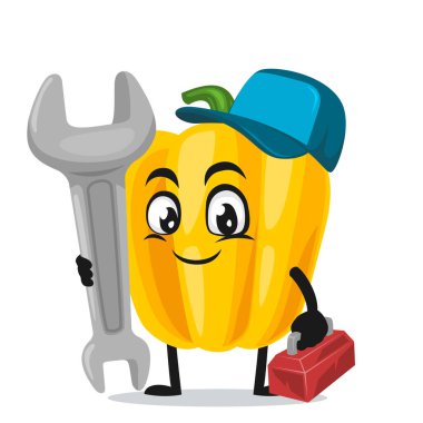 Servis kostümü giyen ve İngiliz anahtarı tutan kırmızı biber maskotu veya karakterinin vektör çizimi