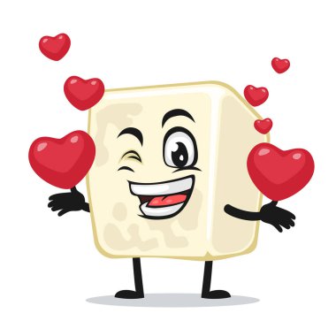 Tofu maskotu veya karakterinin vektör çizimi aşk sembolleri getirir