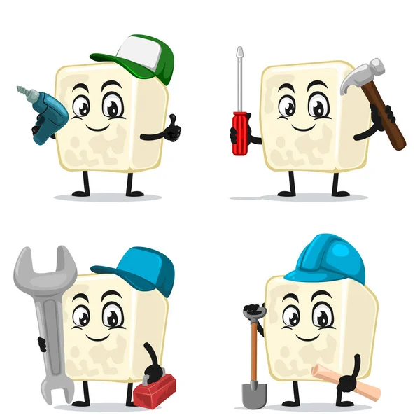Vector Illustration Tofu Mascot Character Collection Set Service Repair Theme — Stock Vector