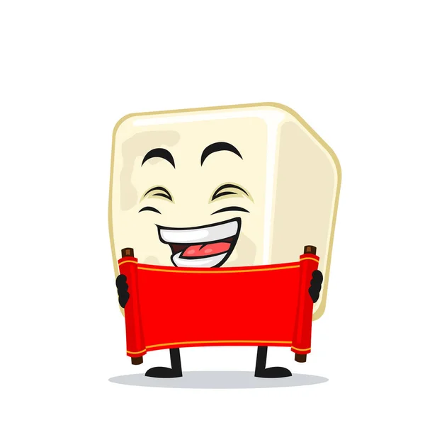 Ilustración Vectorial Mascota Tofu Personaje Que Sostiene Pergamino Rojo Blanco — Vector de stock
