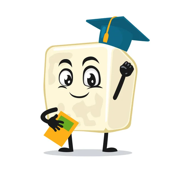Ilustración Vectorial Mascota Tofu Sombrero Graduación Carácter Libro Tenencia — Vector de stock
