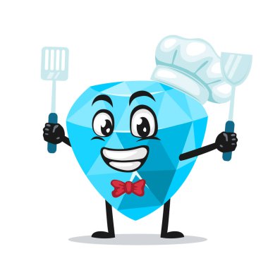 Şef şapkası takan ve elinde spatula tutan elmas maskot ya da karakterin vektör çizimi