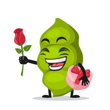 Bezelye maskotu veya karakterinin vektör çizimi Çiçek ver ve pembe hediyeyi tut