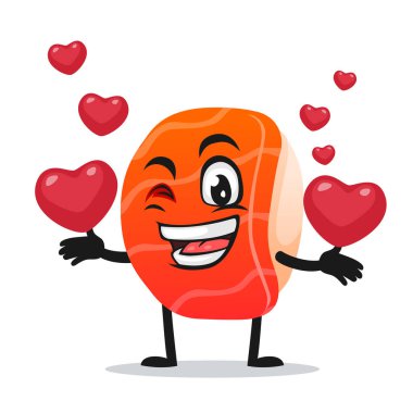 Suşi maskotu veya karakterinin vektör çizimi aşk sembolleri getirir