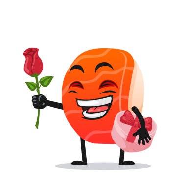 Suşi maskotu veya karakterinin vektör çizimi Çiçek ver ve pembe hediyeyi tut