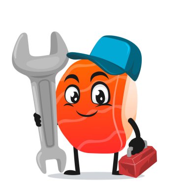 Suşi maskotunun vektör çizimi veya servis kostümü giyen ve İngiliz anahtarı tutan karakter