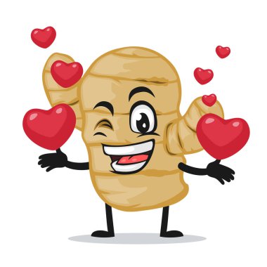 Kızıl maskot veya karakterin vektör çizimi aşk sembolleri getirir