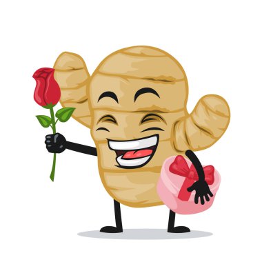 Kızıl maskot veya karakterin vektör çizimi Çiçek ver ve pembe hediyeyi tut