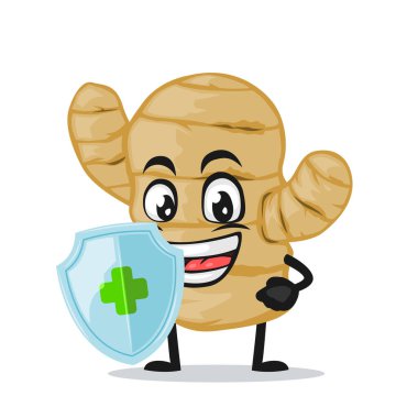 Kızıl maskotun vektör illüstrasyonu veya koruma için kalkan tutan karakter