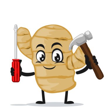 Kızıl maskotun vektör çizimi veya elinde çekiç ve tornavida tutan karakter