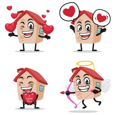 Aşk, sevgililer günü veya aşk temalı ev maskotu veya karakter koleksiyonunun vektör çizimi