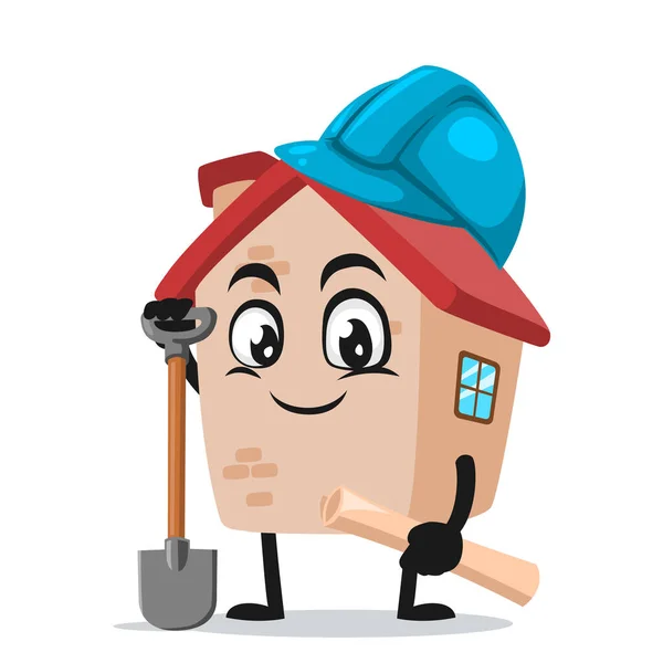 Vector Illustration House Mascot Character Wearing Builder Costume — Stock Vector
