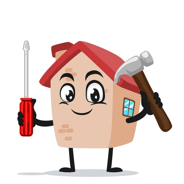 Vector Illustration House Mascot Character Holding Hammer Screwdriver — Stock Vector