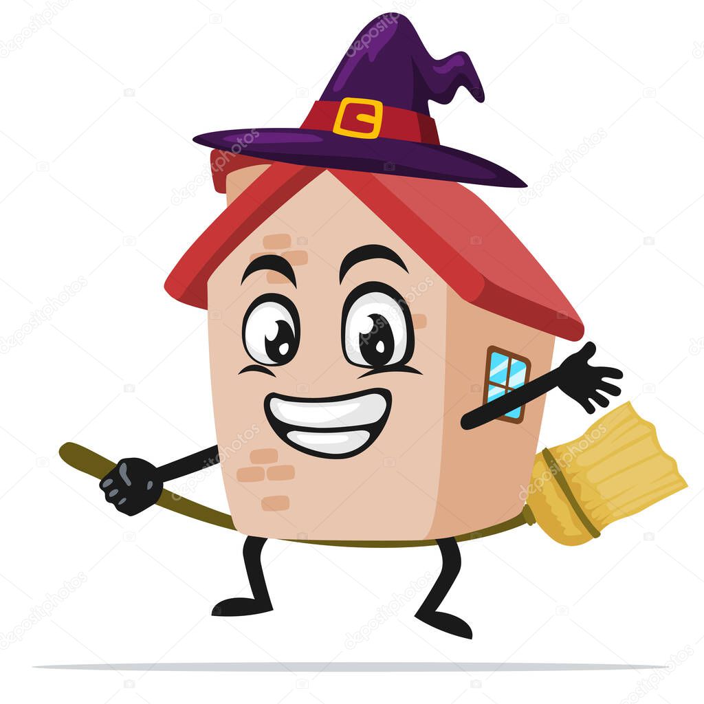 vector illustration of house mascot or character wearing witch costume and ride flying broom
