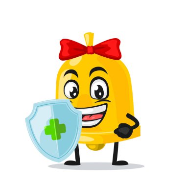 Çan maskotunun vektör çizimi ya da koruma için kalkan tutan karakter