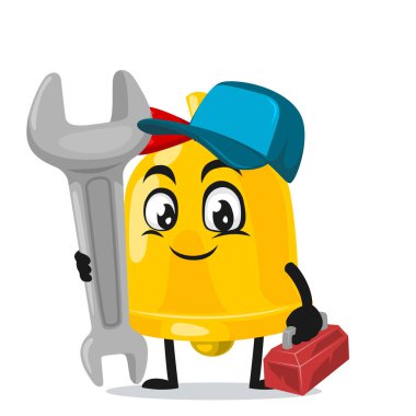 Servis kostümü giyen ve ingiliz anahtarı tutan çan maskotu veya karakterinin vektör çizimi