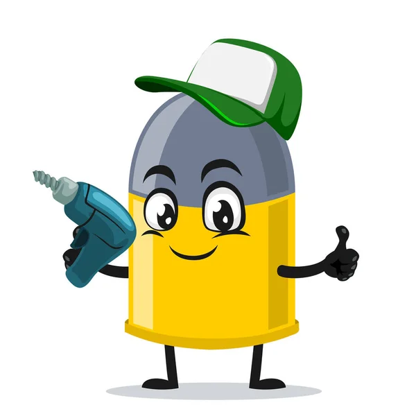 Vector Illustration Bullet Mascot Character Holding Hand Drill — Stock Vector