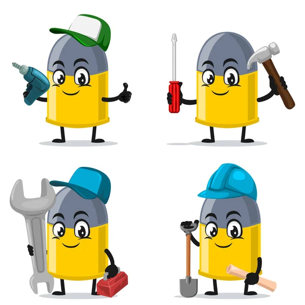 Vector Illustration Bullet Mascot Character Collection Set Service Repair Theme — Stock Vector