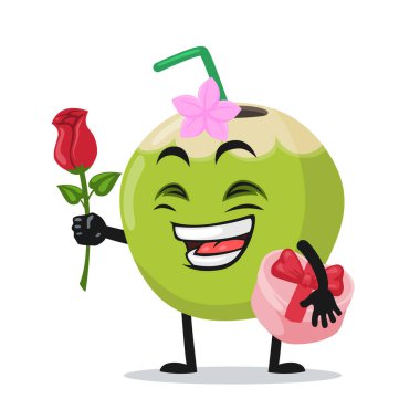 Yeşil hindistan cevizi maskotu veya karakterinin vektör çizimi Çiçek ver ve pembe hediyeyi tut