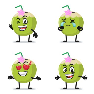 İfade temalı yeşil hindistan cevizi maskotu veya karakter koleksiyonunun vektör çizimi