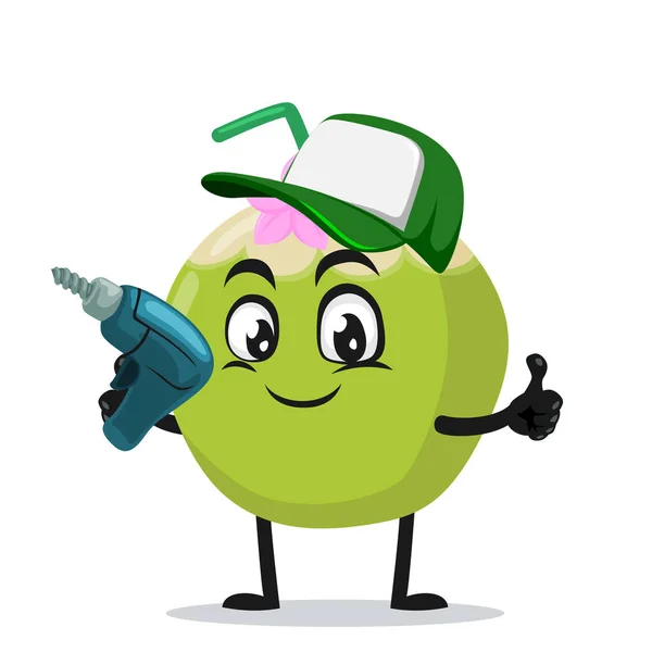 Vector Illustration Green Coconut Mascot Character Holding Hand Drill — Stock Vector