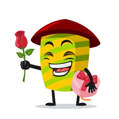 Havai fişek maskotu veya karakterinin vektör çizimi Çiçek ver ve pembe hediyeyi tut