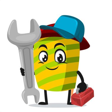 Havai fişek maskotu ya da karakter tasviri. Servis kostümü giyiyor ve İngiliz anahtarı tutuyor.