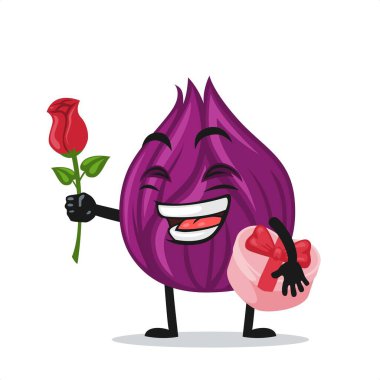 soğan maskotu veya karakterinin vektör çizimi çiçek ver ve pembe hediyeyi tut